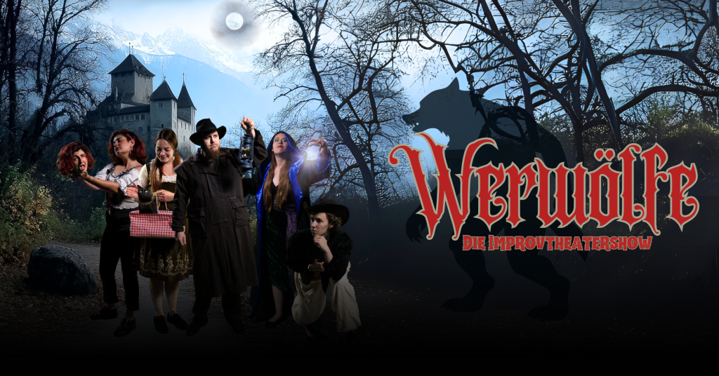 Group of costumed improv performers posing in a moonlit forest with a castle backdrop; large red title on the right side fades into the trees.